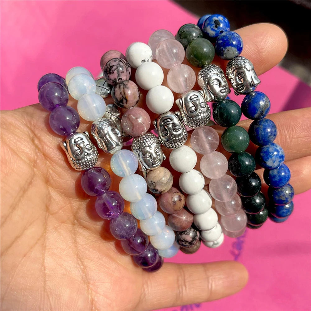 SANSHI Natural Stone Beads Bracelet For Women Men Amethysts Crystals Jewelry Agates Elastic Bangle Bracelets Gift