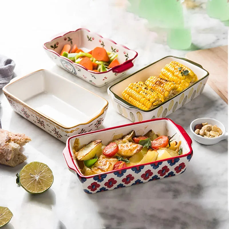 Rectangular Oval Bakeware Pan With Handle Ceramic Baking Dish Roasting Lasagna Pan Kitchen Salad Cheese Baked Pan Flowers