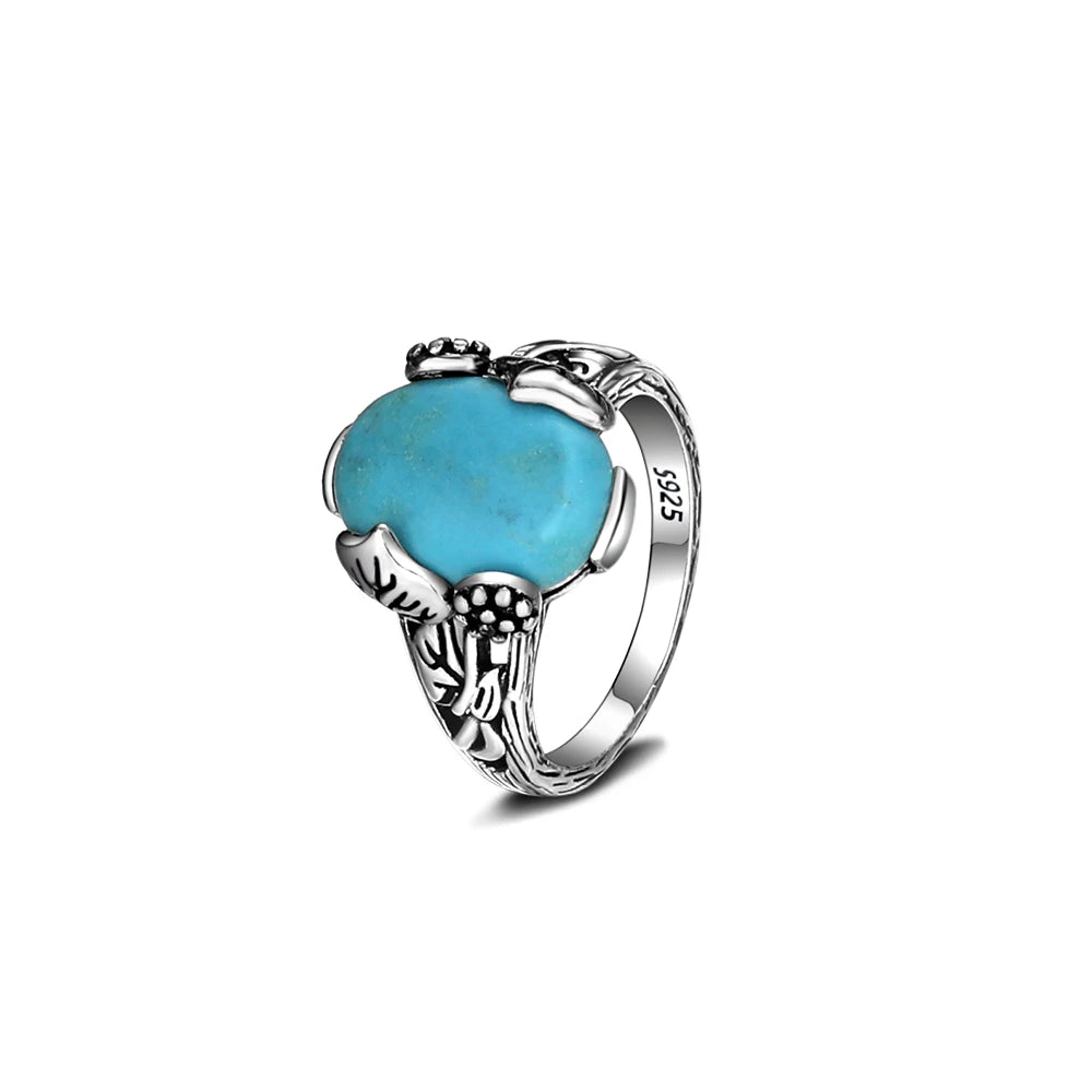 S925 Silver Oval Natural Turquoise Rings for Men Women Silver Fine Jewelry