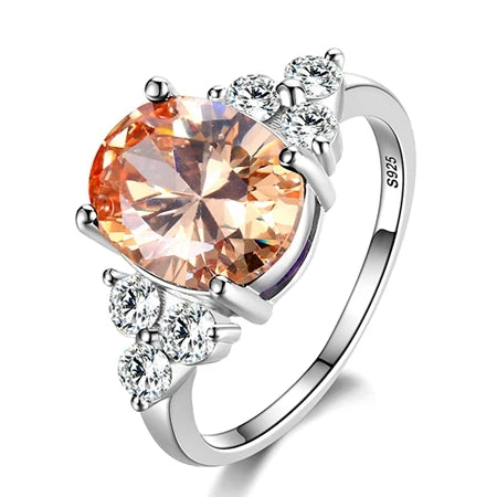 Women's Jewelry S925 Silver Rings White Pink Light Blue Champagne Zircon Oval Wedding Ring