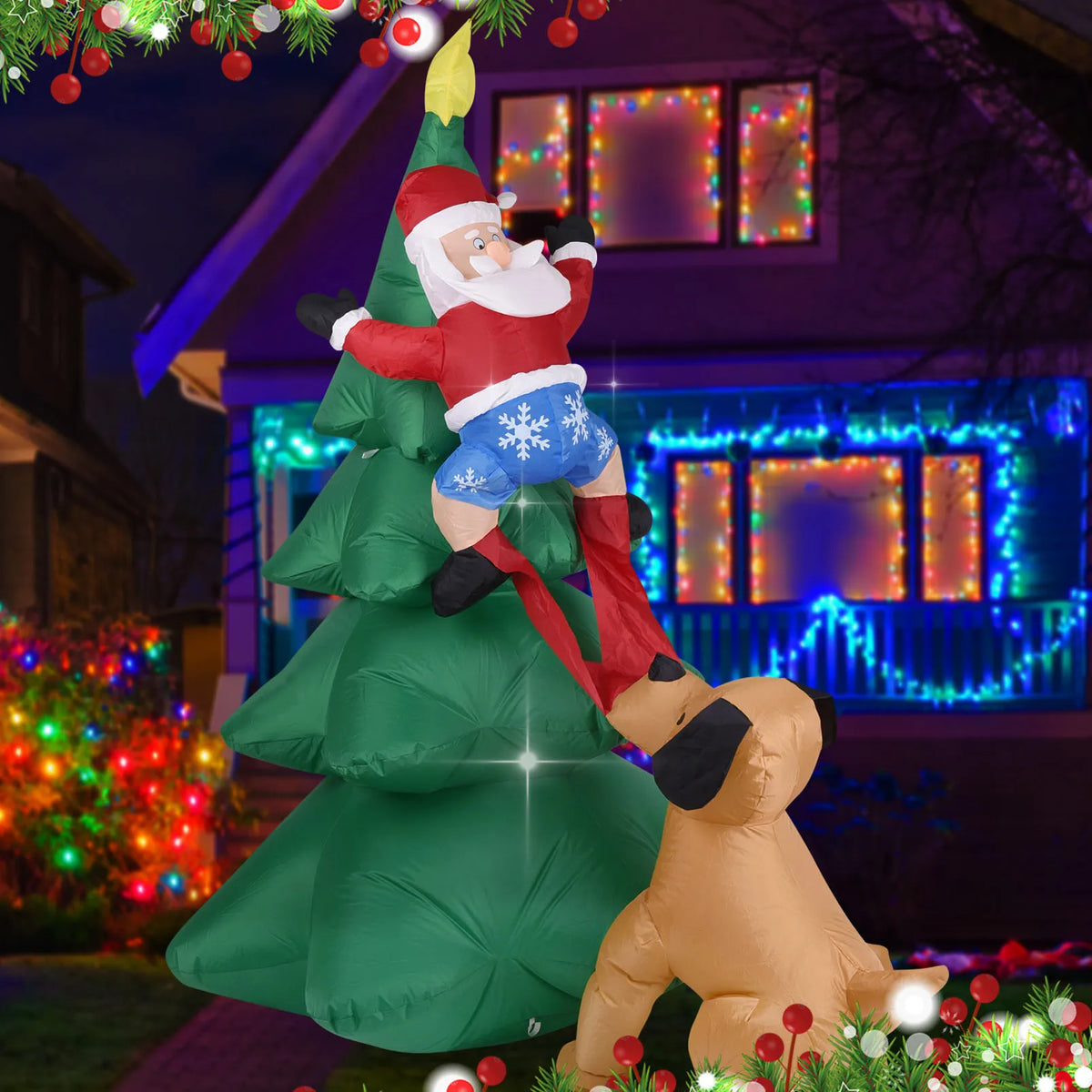 Christmas Inflatable Dog  w/Santa Claus Climbing Tree Lighted Blow Up Outdoor Yard Lawn Decoration for Home Garden Holiday Party