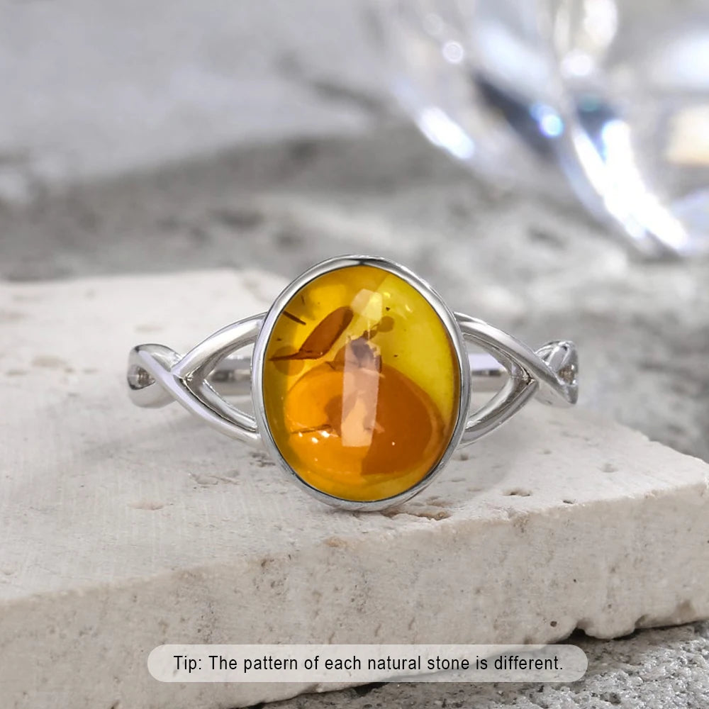 S925 Sterling Silver Ring With Natural Amber Stone Flower Shape Oval Petal Amber Stone Gifts Fine Jewelry For Women