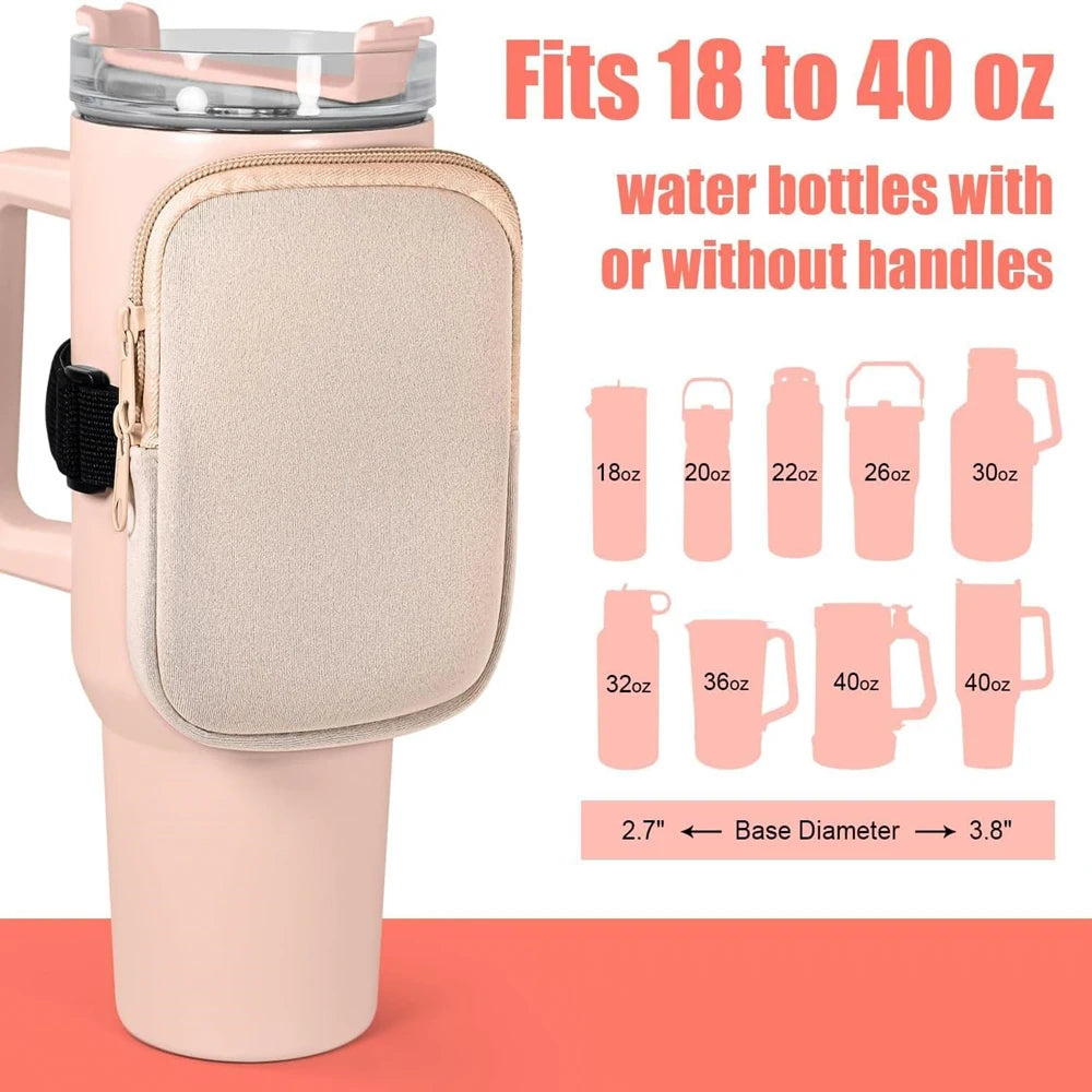 Water Bottle Pouch for For Stanley Cup 40oz/20oz/30oz Water Bottle Caddy Neoprene Tumbler Bag for Cards Keys Wallet Earphone