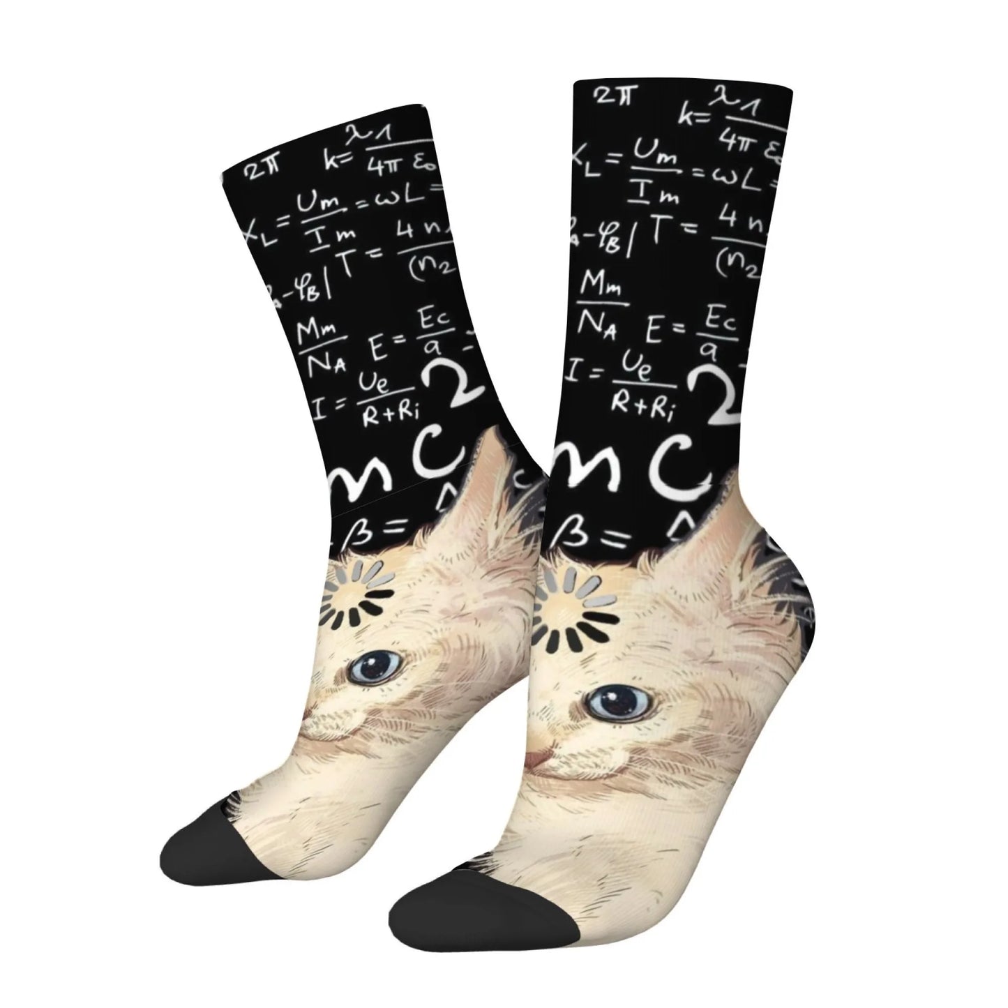 Schrödinger's Cat Science Formula Theme Print Men's Mid-Calf Socks Black Cute Funny Novel Hardcore STEM Style Student Socks