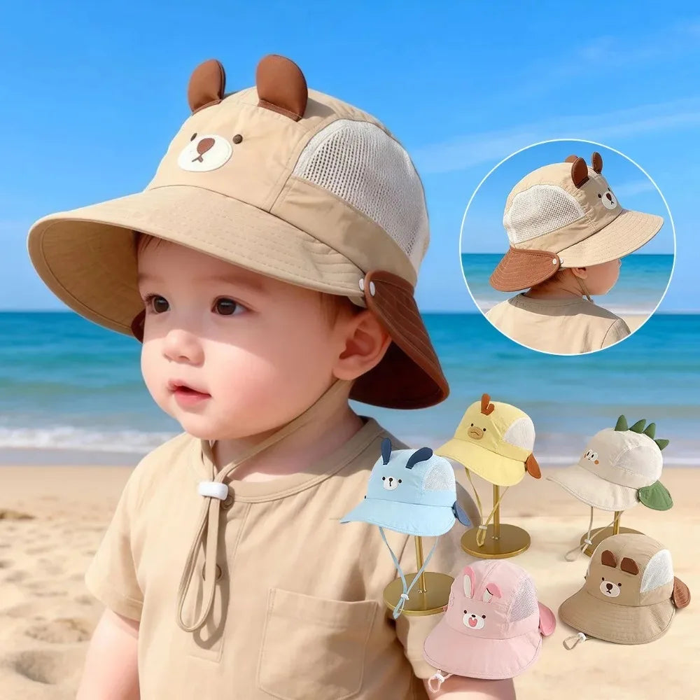 Cute Cartoon Baby Beach Hat with Bear Rabbit Ears Breathable Mesh Sun Visor Cap for Boys & Girls Summer Outdoor Panama Hat