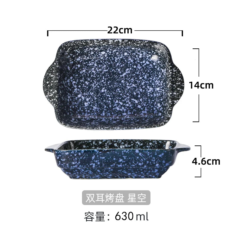 Japanese Tableware Binaural Baking Tray Ceramic Cheese Baked Rice Baking Bowl Oven Special Utensils with Tray Rectangular Plate