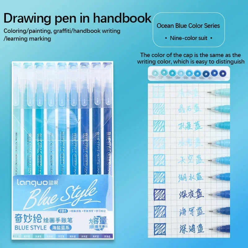 Languo Gel Pen Large Capacity Handbook Pens 6/9Pcs 0.6mm Student Art Diy Doodling Drawing Markers Office Kawaii Art Stationery