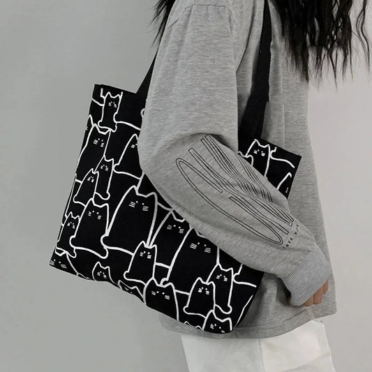 Cute Cat Shopper Handbags Shoulder Fashion Canvas Casual Shopping Girls Women Graphic Tote BagJapanese Cartoon Small Shoulder