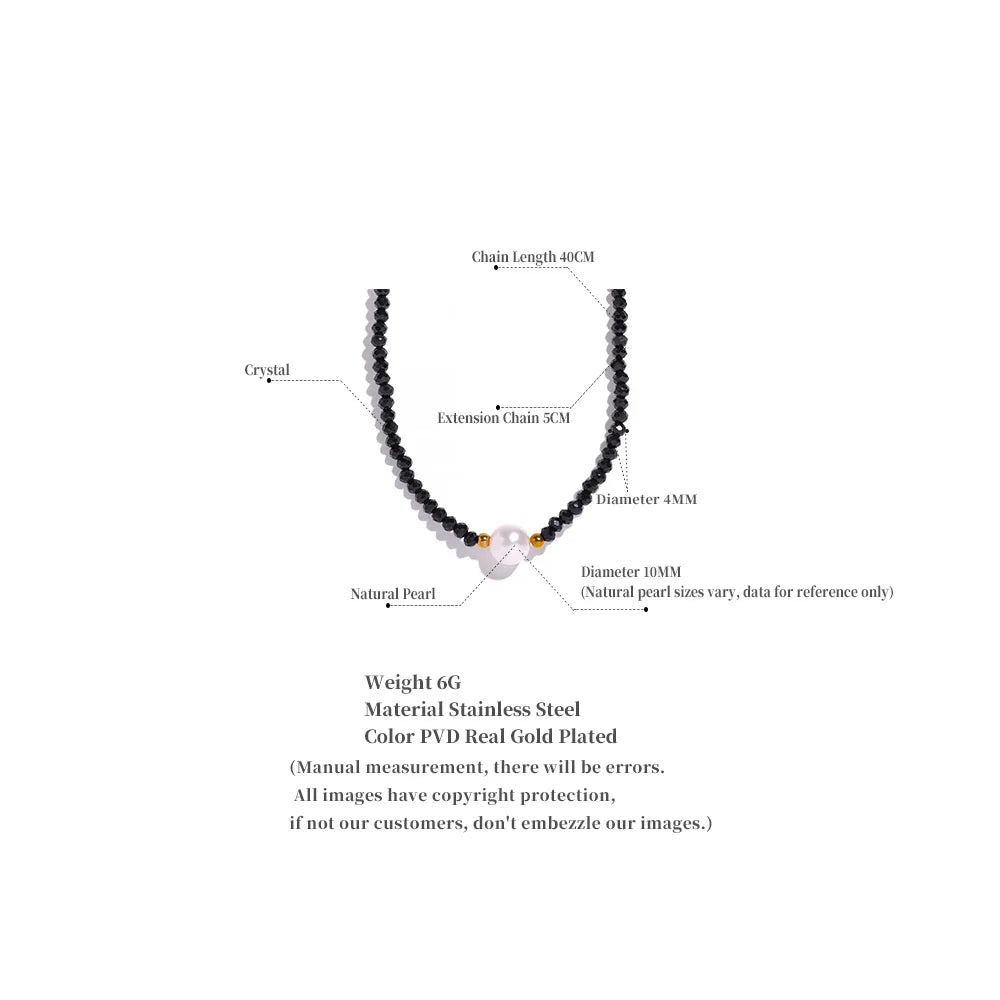 Yhpup Black Crystal Beads Chain Stainless Steel Natural Pearl Collar Necklace for Women Handmade Trade Trendy Simple Jewelry