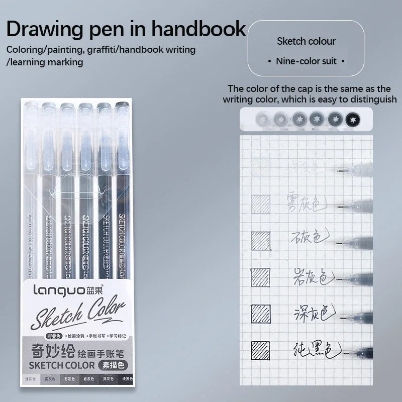 Languo Gel Pen Large Capacity Handbook Pens 6/9Pcs 0.6mm Student Art Diy Doodling Drawing Markers Office Kawaii Art Stationery