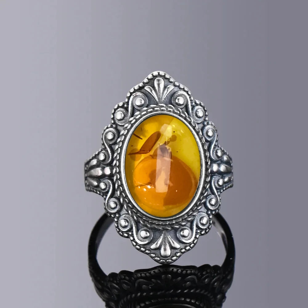 S925 Sterling Silver Ring With Natural Amber Stone Flower Shape Oval Petal Amber Stone Gifts Fine Jewelry For Women