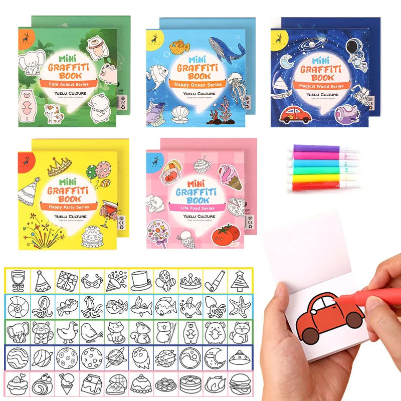 50Sheets/Pcs Mini Graffiti Notebook for Kids Cartoon Ocean Animal Food Party Space Color Filling Books Children Drawing Picture