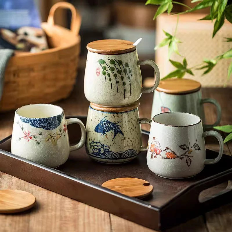 YWDL 350ml Japanese Ceramic Coffee Mug With Lid And Spoon Milk Breakfast Cups Home Heat-resistant Teacup Tumbler Water Mug Gift