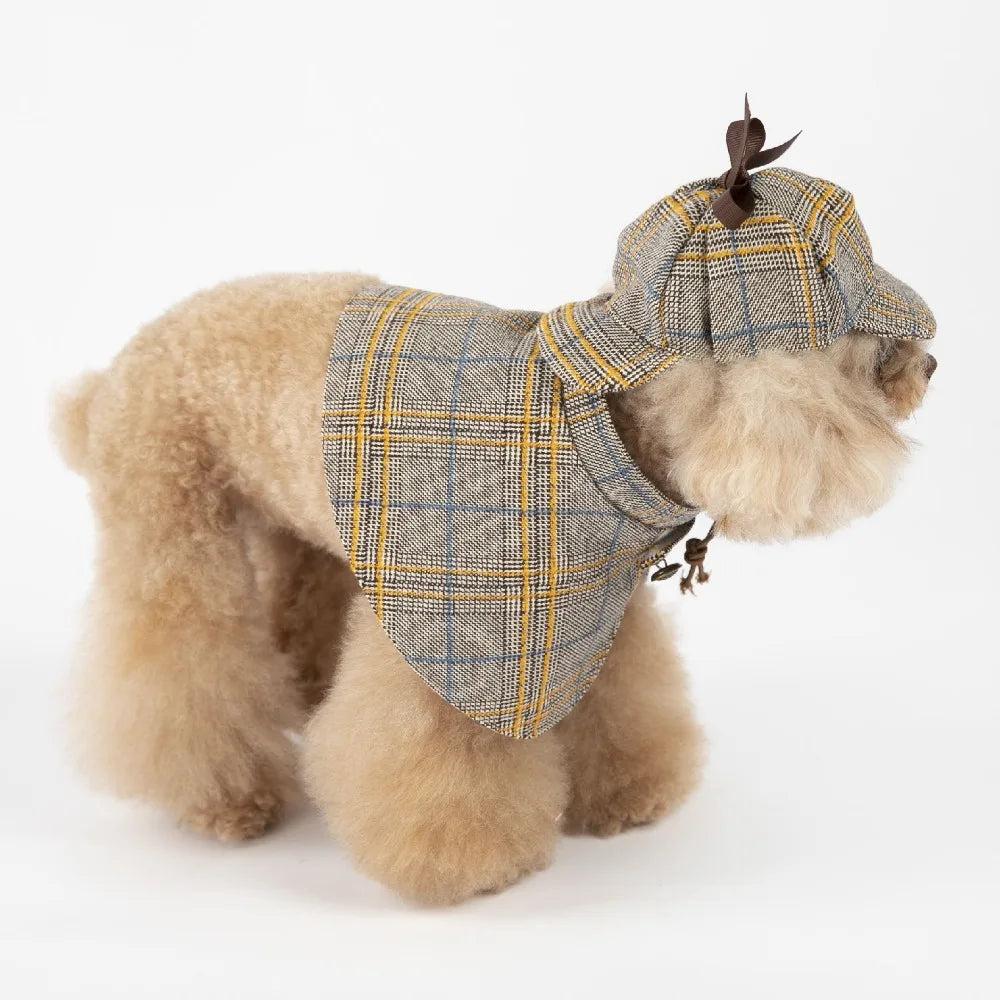 British Style Knit Plaid Pet Cloak Cape Set ,Detective Costume for Dog Cat Warm Winter——Halloween Costume Outfit with Hat