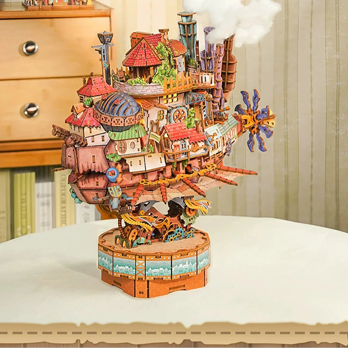 Tonecheer Travel Vessel Howl's Moving Castle Wooden Puzzle Building Blocks Diorama Model Kit Dollhouse 3D Wooden Birthday Gift