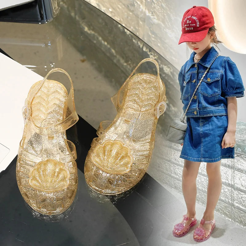 Summer Children Closed-Toe Beach Soft Sole Non-Slip Kids Hollow Casual Shoes Jelly Crystal Girls Casual Roman Princess Sandals