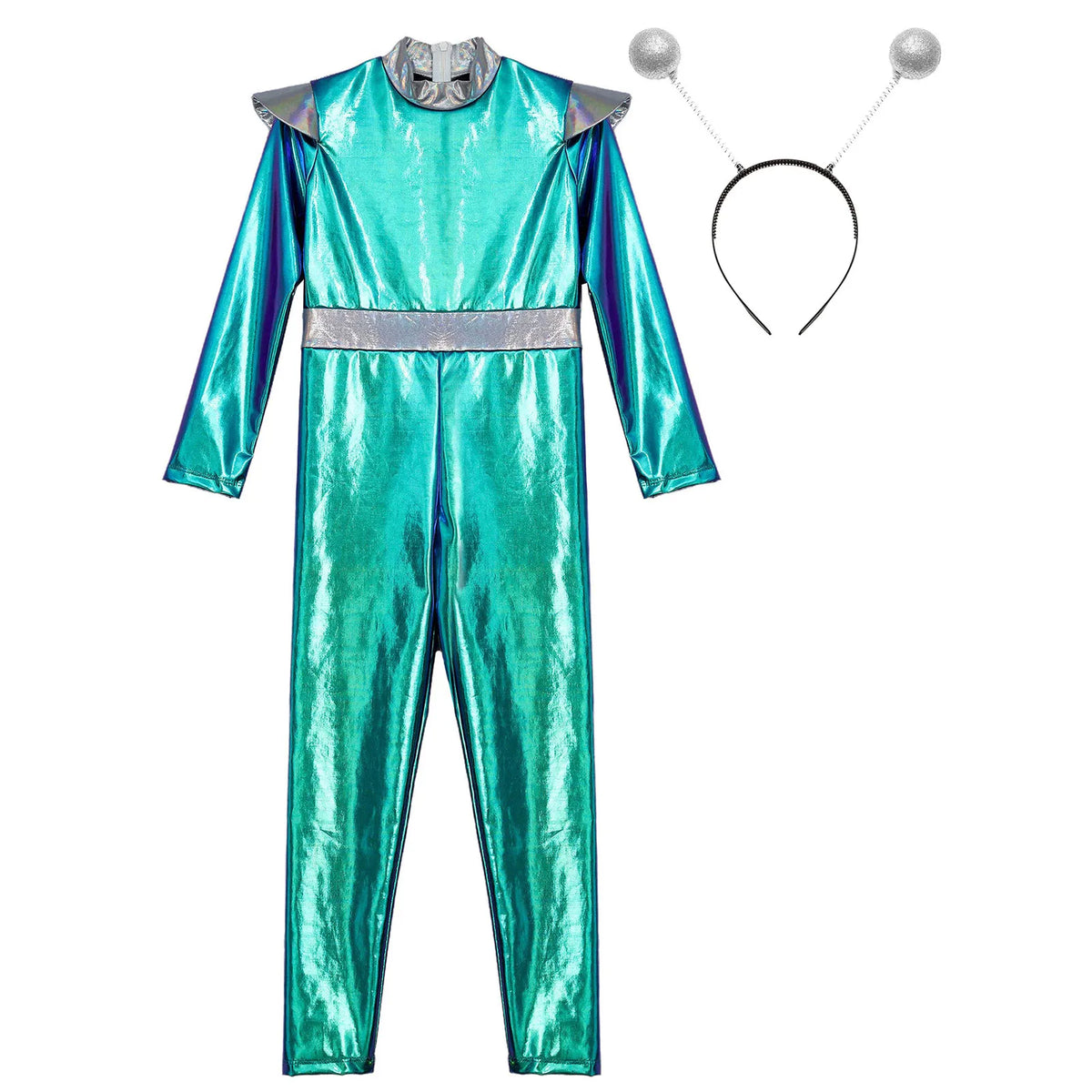 Kids Alien Costume Jumpsuit – Metallic Full-Length Bodysuit with Hair Hoop, Sizes 6–16