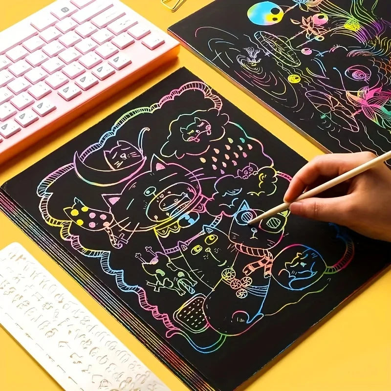 50 pcs Scratch Paper Kids Rainbow Magic Scratch Off Paper Sheets Art Craft Kit Black Note Paper Drawing Pads