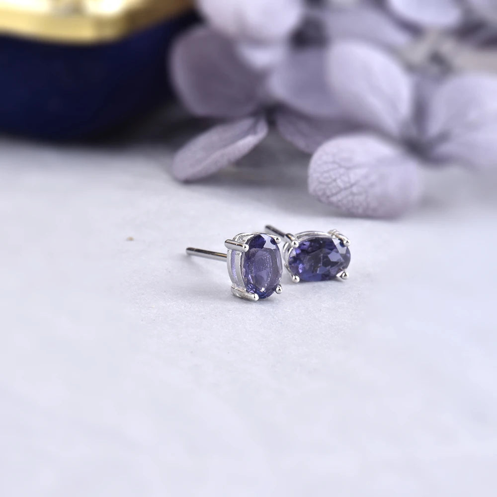 ITSMOS Iolite 6x4mm Natural Oval Shape Iolite Blue Gemstone White Gold Plated Stud Earrings Petite Studs Jewelry for Women
