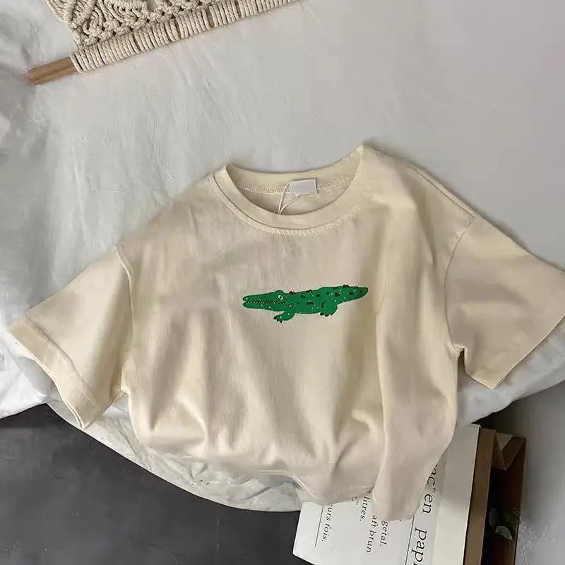 ‌Korean Style Summer Kids T-Shirt Cute Cartoon Print Loose Fit Drop Shoulder Mid-Sleeve Top for Baby Boys Girls Toddler Clothes