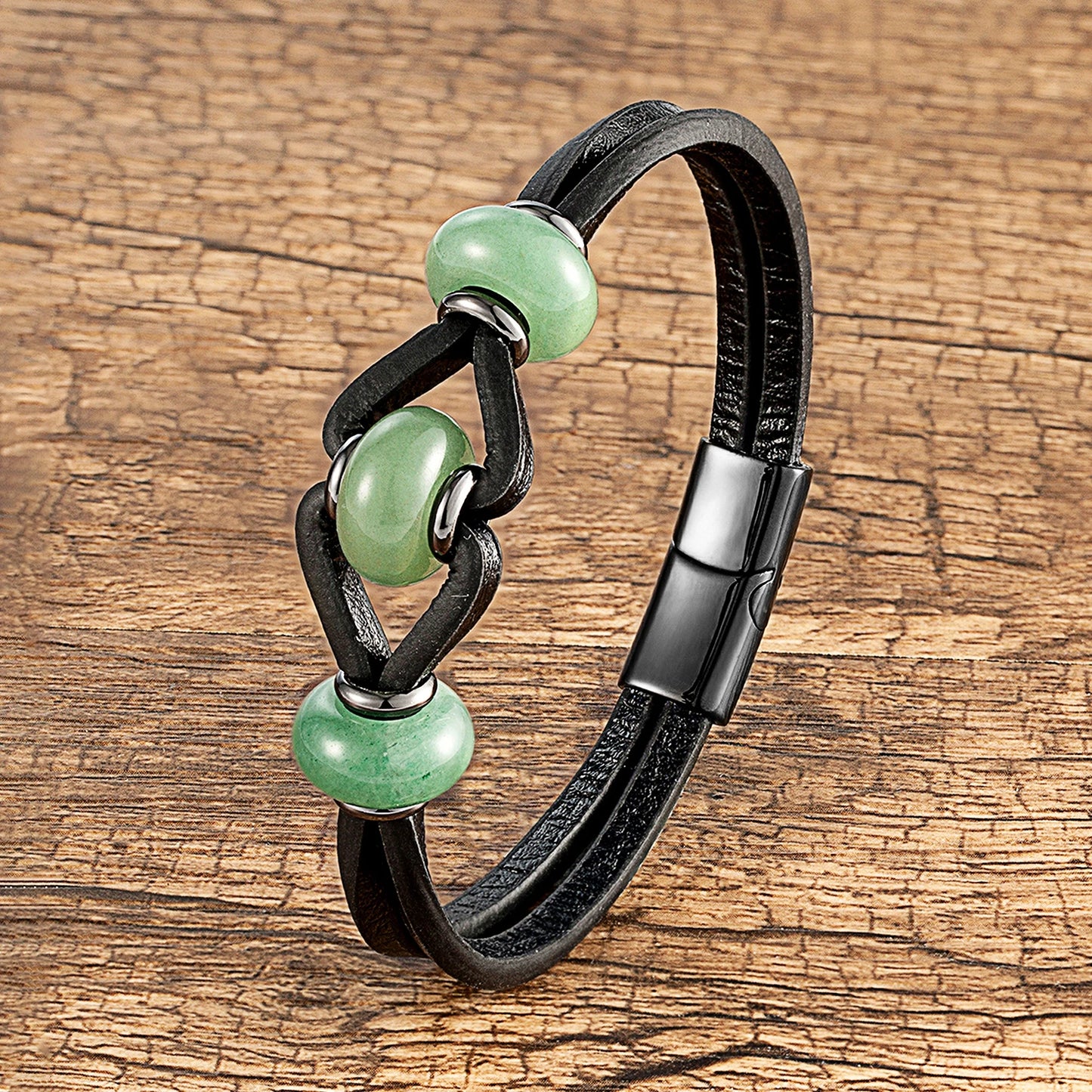 Round Natural Amethyst Crystal Stone Bracelet Women Charm Black Double Leather Rope Chain Stainless Steel Magnetic Men's Jewelry