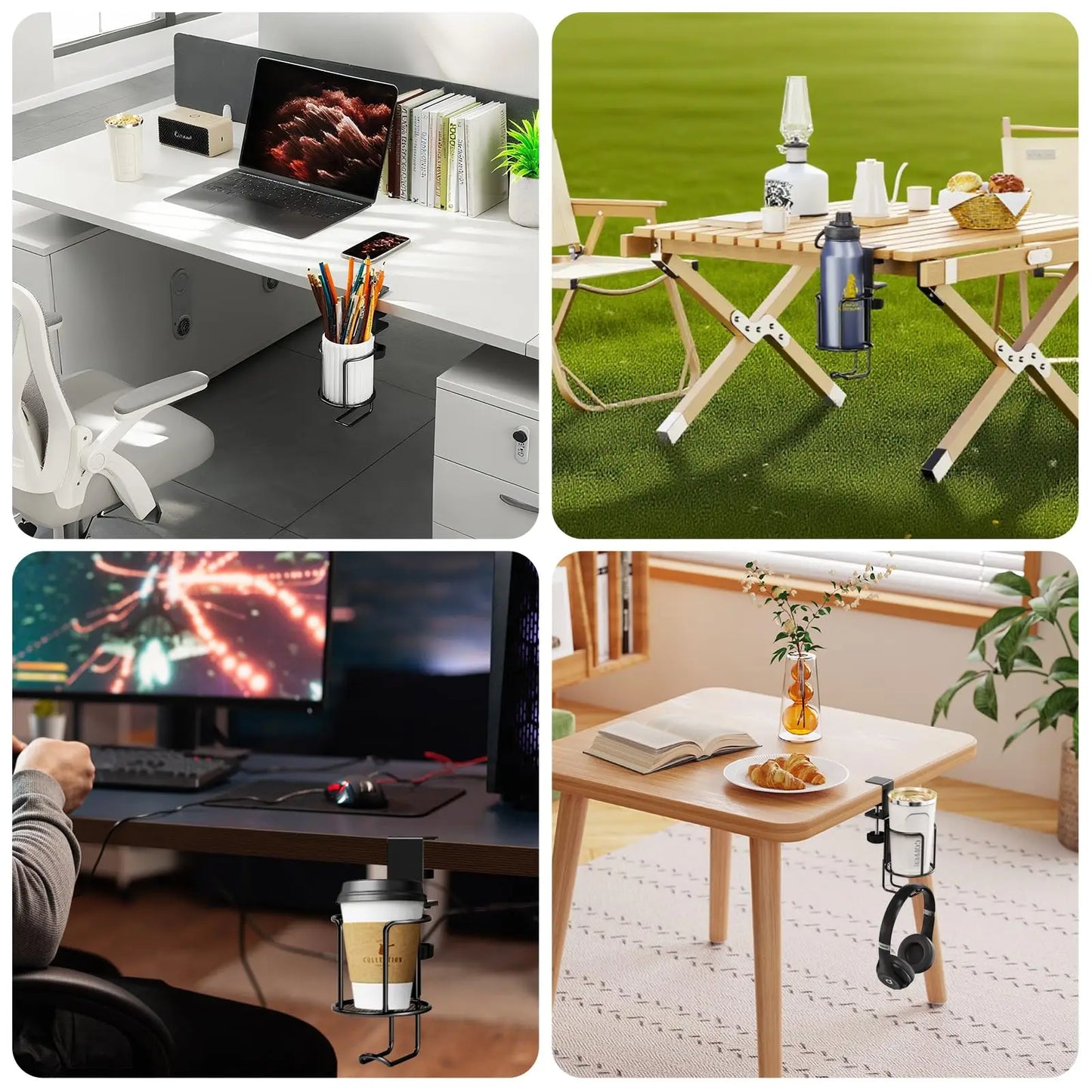2 in 1 Desk Cup Holder with Headphone Hanger Holder, Anti-Spill Clip-On Table Cup Hook with 360° Rotation for Office Home Table