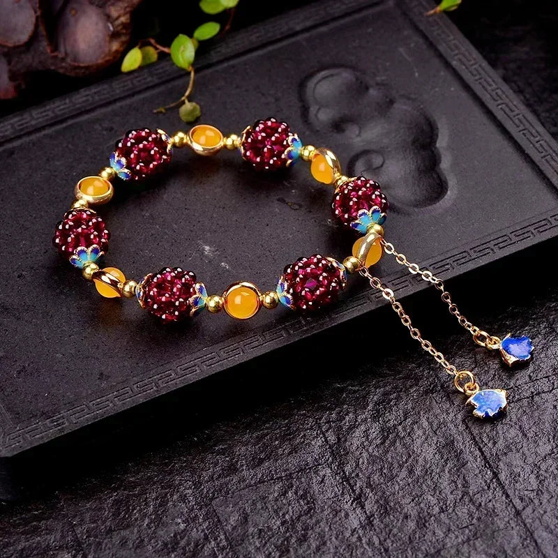 Vintage Simple Bohemia Fashion Natural Garnet Stone Ethnic Bracelet Multi-Circle Pomegranate Crystal Charming Bracelet Gifts