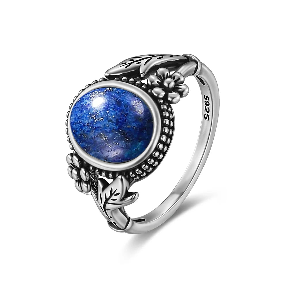 Vintage S925 Sterling Silver Natural 8*10mm Larimar Stone Ring Gift Flower leaf Shaped Moonstone Ring Fine Jewelry For Women