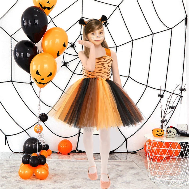 Cute Leopard Tiger Cat Giraffe Tutu Dress For Girls Halloween Animal Cosplay Costume Outfit Kids Christmas Carnival Party Dress