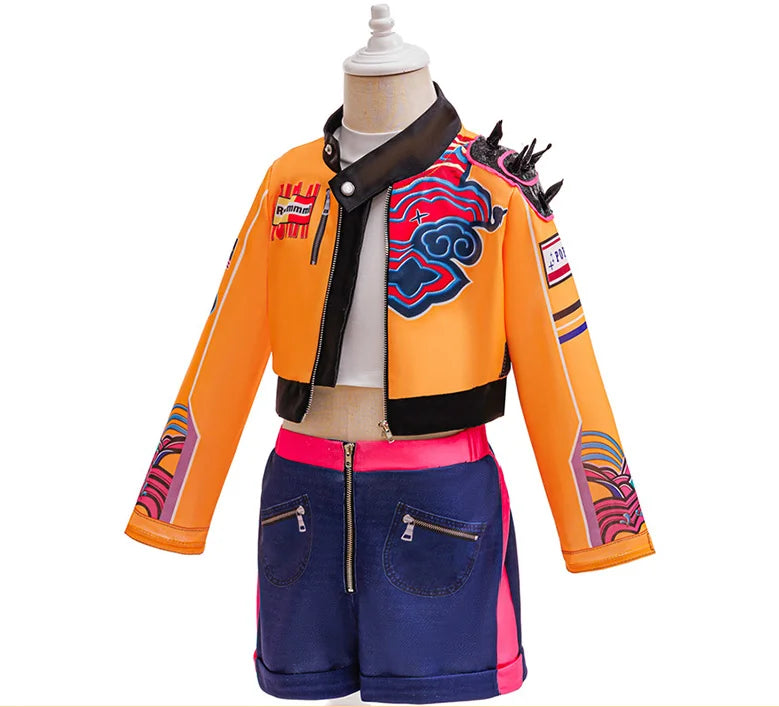 Kids Girls Street‑Style Fancy Cosplay Kit 3D Printed Cropped Jacket Shorts for Halloween Birthday Theme Party Role‑Play Outfit