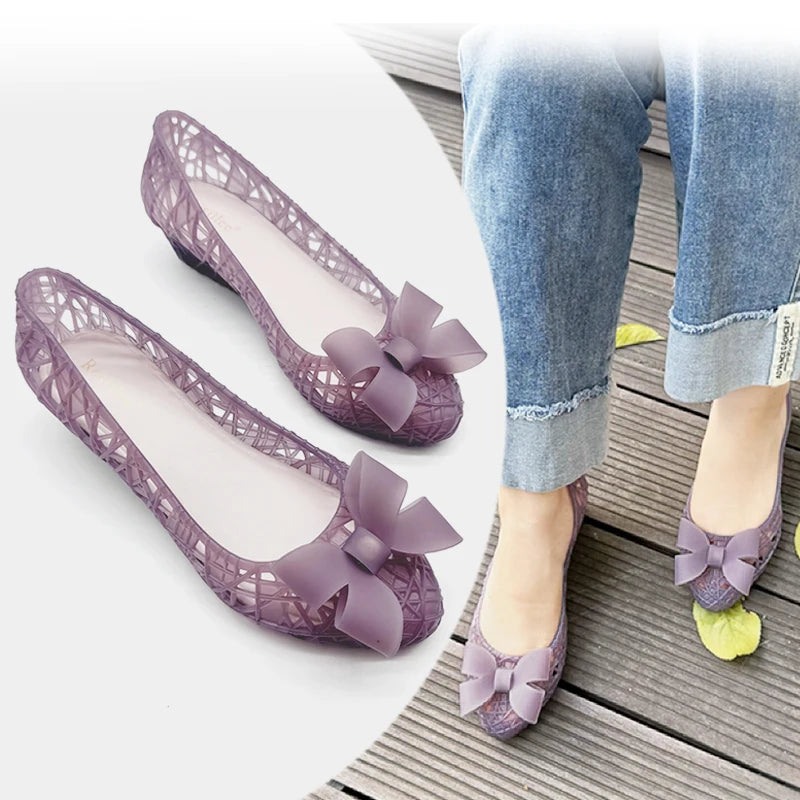 Resillee Women  Hollow Out Bow Knot Jelly Shoes Summer Breathable PVC Ballet Flats Low Wedge Waterproof Beach Casual Sandal