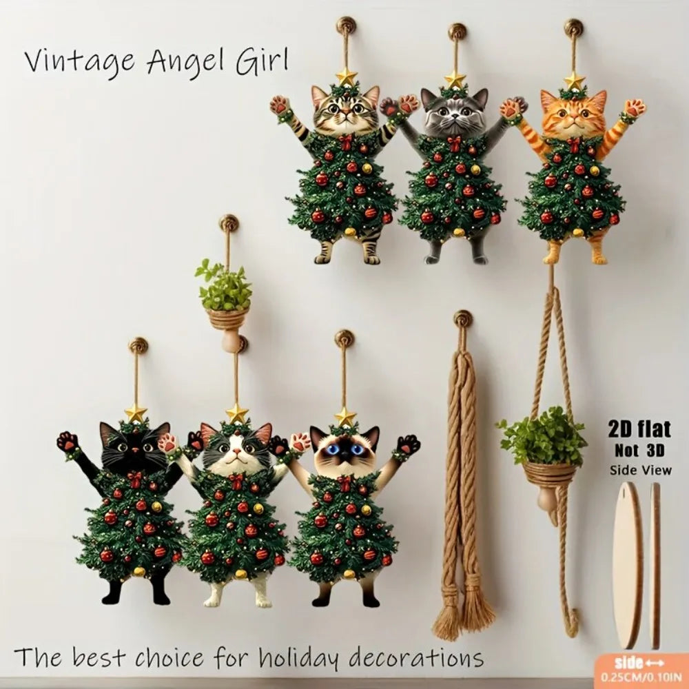 Christmas Cat Ornaments 2D Wooden Cute Xmas Tree Cat Hanging Decorations Holiday Party Home Window Christmas Tree Pendant Gifts