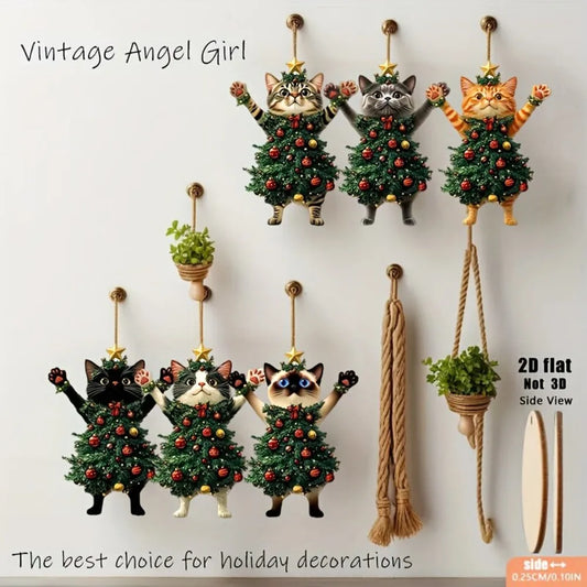 Christmas Cat Ornaments 2D Wooden Cute Xmas Tree Cat Hanging Decorations Holiday Party Home Window Christmas Tree Pendant Gifts