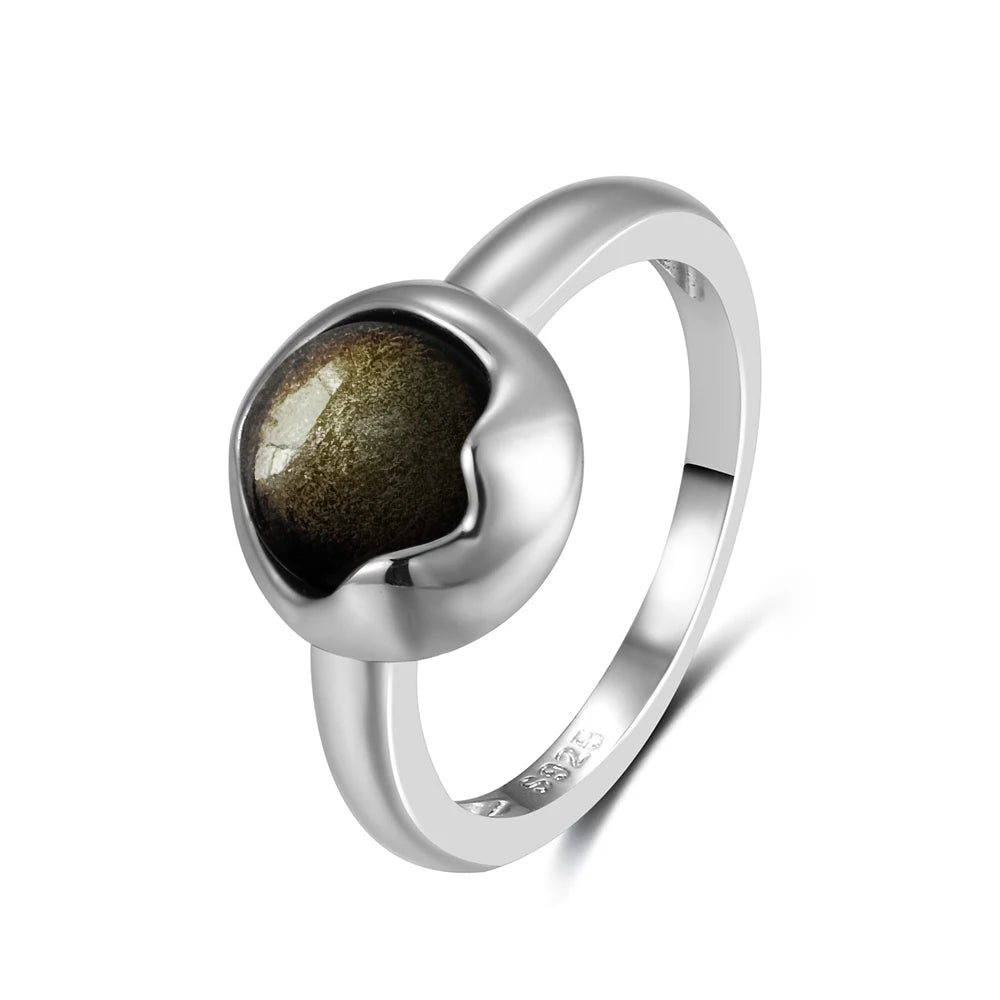 Vintage S925 Sterling Silver Ring Oval Round Natural Obsidian Ring Sun And Flower Shaped Retro Fine Jewelry For Women Men