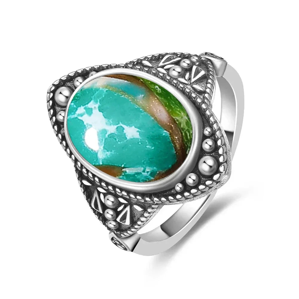 Vintage S925 Sterling Silver Ring with Oval Natural Emperor's Stone Flower Shape Hollow out Ring Fine Jewelry for Women