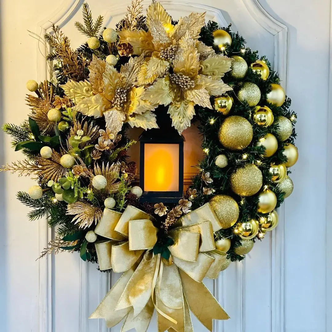 45cm Christmas Decoration Golden Wreath With Lamp For Front Door Red Ball Flower Garland Xmas Ornament Window Wall Hanging Decor