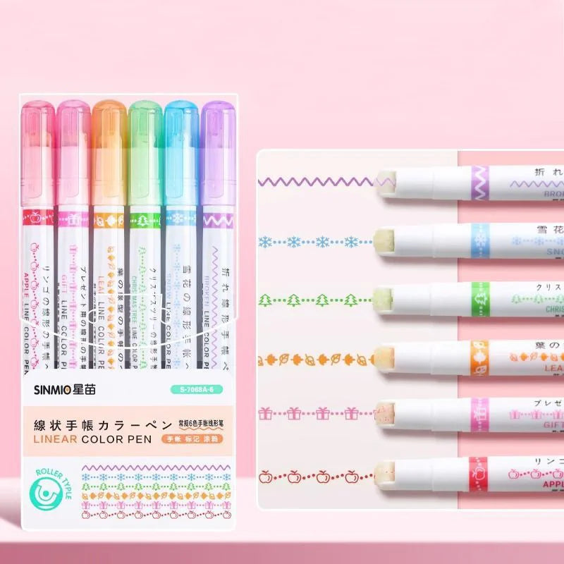 6Pcs Set Flower Shape Outline Pens Highlighter Marker Curve Roller Tip Pen Cute Stationery Kawaii Graffiti School Accessories