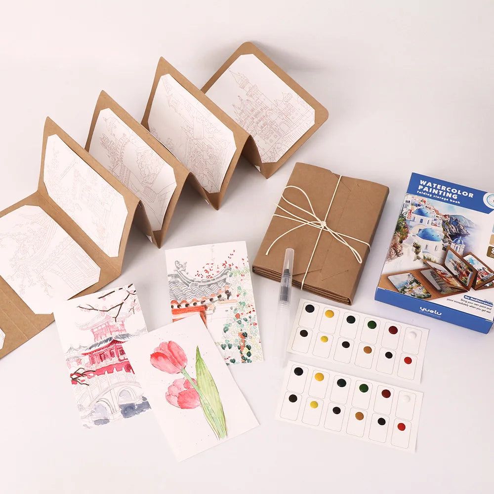 Bview Art Artistic Watercolor Kit: 12-Pan Solid Paints with Expandable Kraft Paper Folder, Compact Travel Painting Supplies