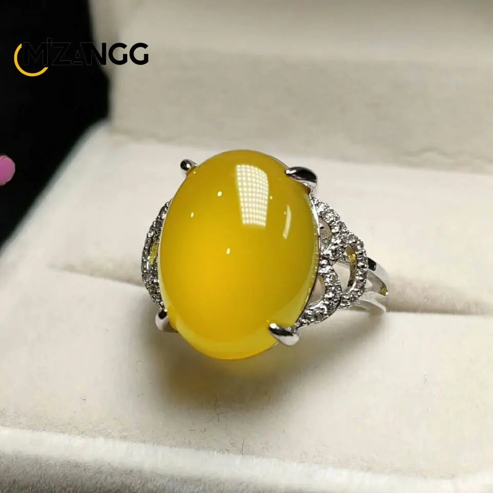 S925 Silver Inlaid Agate Ring Opening Adjustable Natural Green Chalcedony Hand-carved Ring Fashion Boutique Jewelry Women Ring