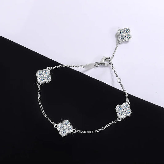 S925 Silver Four Leaf Grass Diamond Bracelet Full D Moissanite Adjustable Chain Wedding Engagement Party Women Birthday Gift