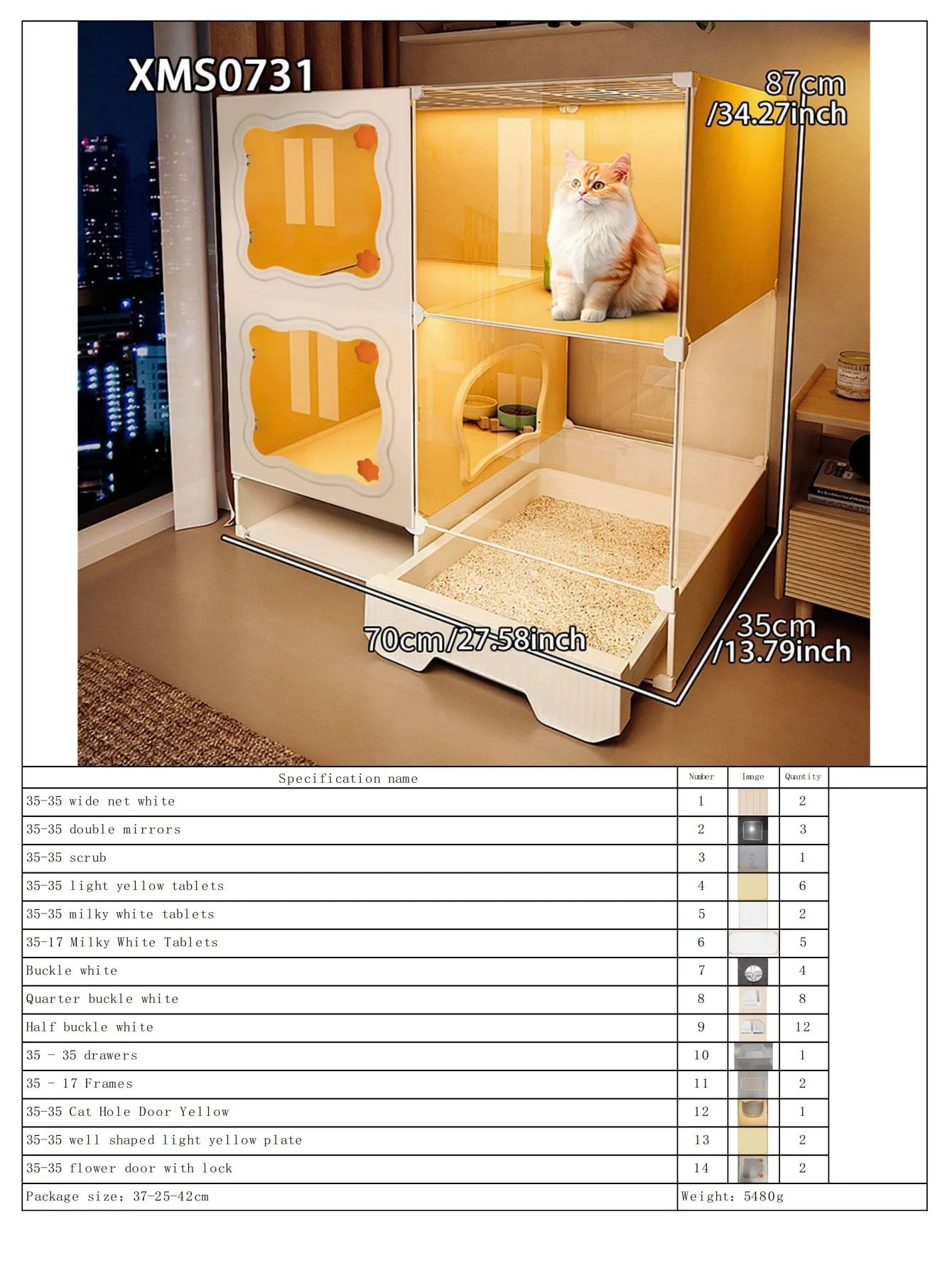 Cat Cage with Drawer-Type Litter Box, Indoor Kitten House with Toilet, Cat Cabinet with One Bedroom, One Living Room, and One Bathroom, Kitten Villa