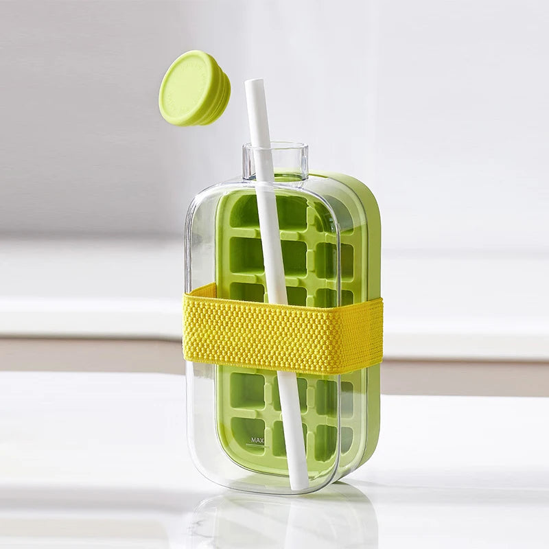 Ice Cube Tray Press Ice Maker with Lid Food Grade Cooling Ice Mold 2 in 1 Ice Straw Water Bottle for Summer Cooling Drinks