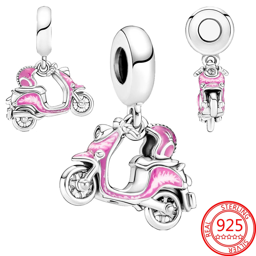 Nostalgic 925 Silver Red Dumbbells&Pink Motorcycles&Natural Pearl Shells&Hearts&Frosted Mura Charm Fit DIY Bracelet Jewelry