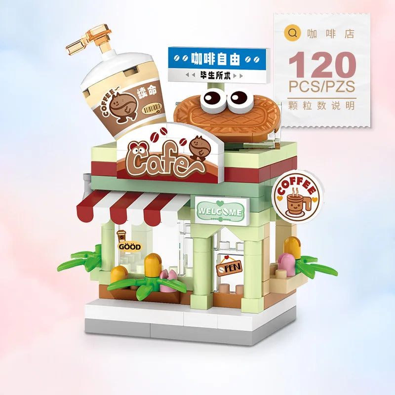 NEW Restaurant Dessert Coffee Pet Fruit Store Street View Food House Building Blocks Kit  Bricks Model Toy