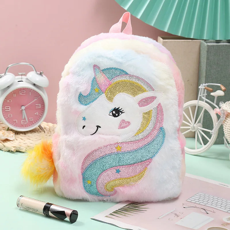 Unicorns Cartoon School Book Bag Backpacks Cute Fashion 3D Fur Backpacks For Girls Travel Backpack Children Schoolbag Kids Gift