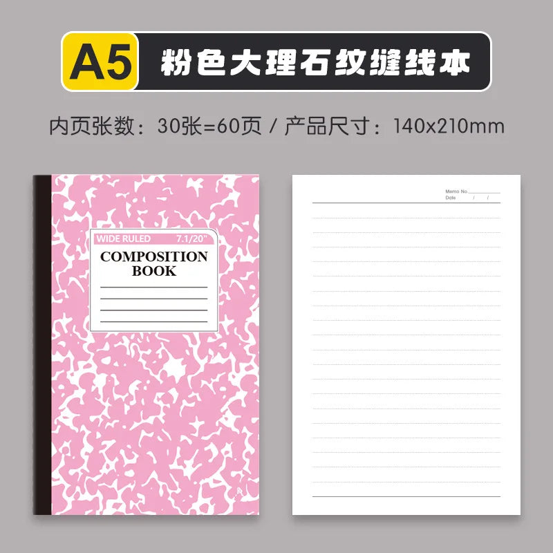 4pcs American Style Marble Composition Notebook Wide Ruled 60 Pages Student School Journal Sewn Bound Writing Diary Supply