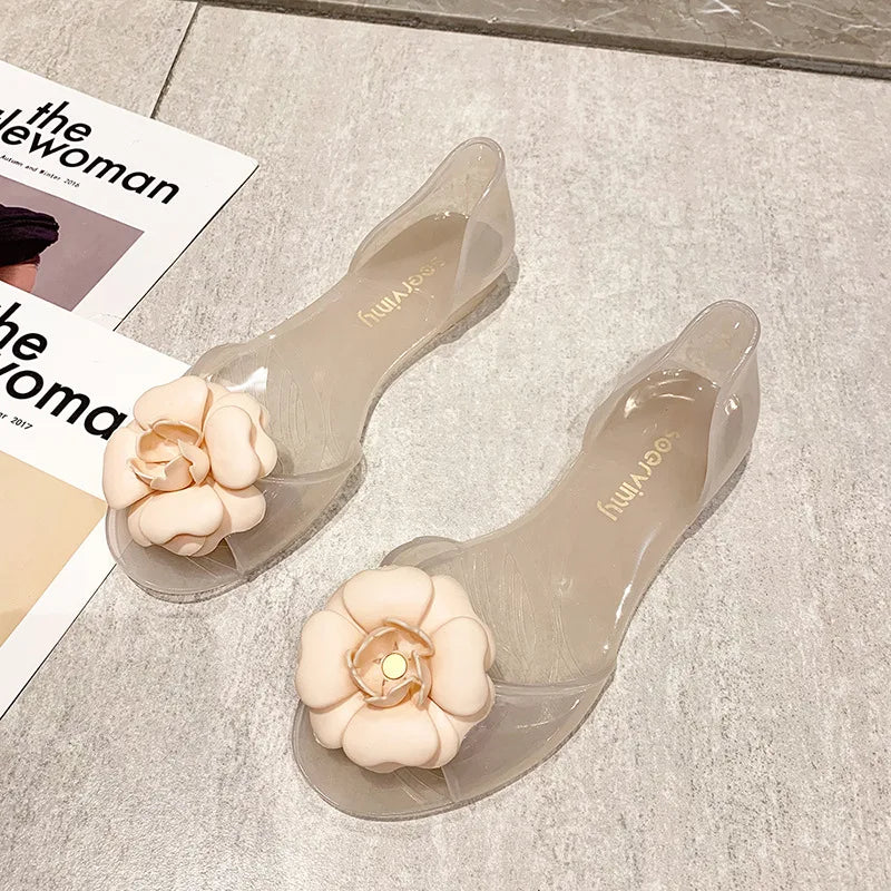 Size 34-41 Womens Flats Sandals Summer Mujer Mules Clogs Flower Jelly Shoes Female Peep Toe Heels Crystal Beach Zapatillas Y31