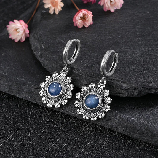 S925 Silver Snowflake Natural Kyanite Earrings for Women Round 6MM Blue Stone Vintage Jewelry Party Anniversary Gifts