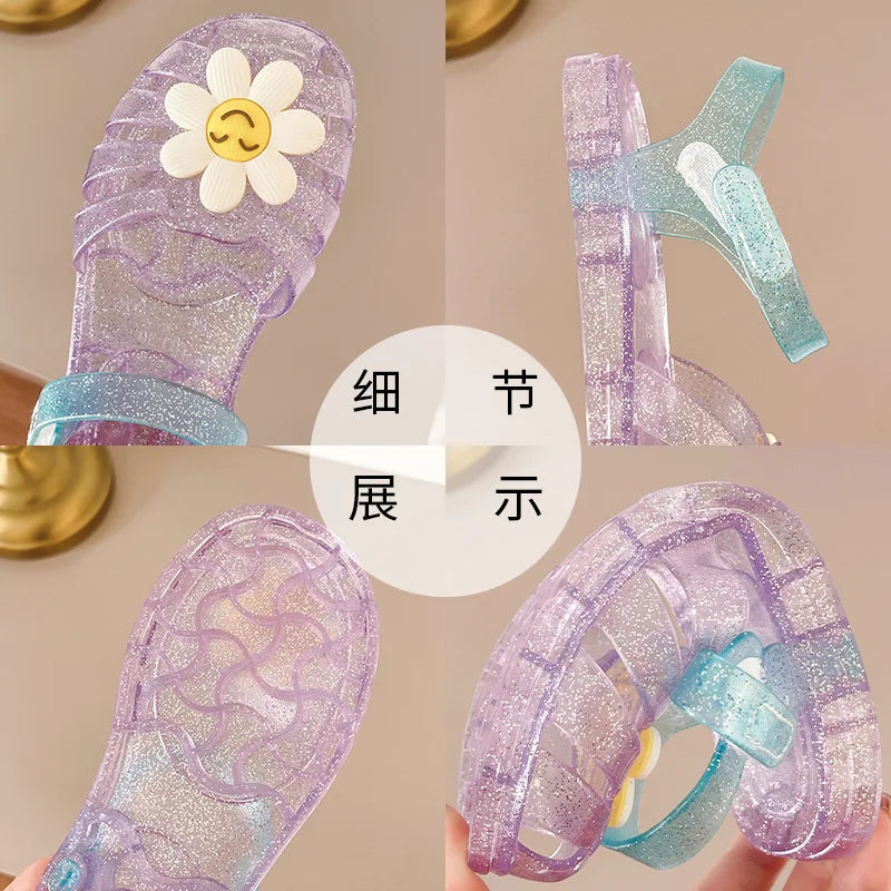 Children's Glitter Crystal Sandals Girls Flower Smiley Face Jelly Beach Sandals Toddler Garden Shoes Kids Non-slip Casual Shoes