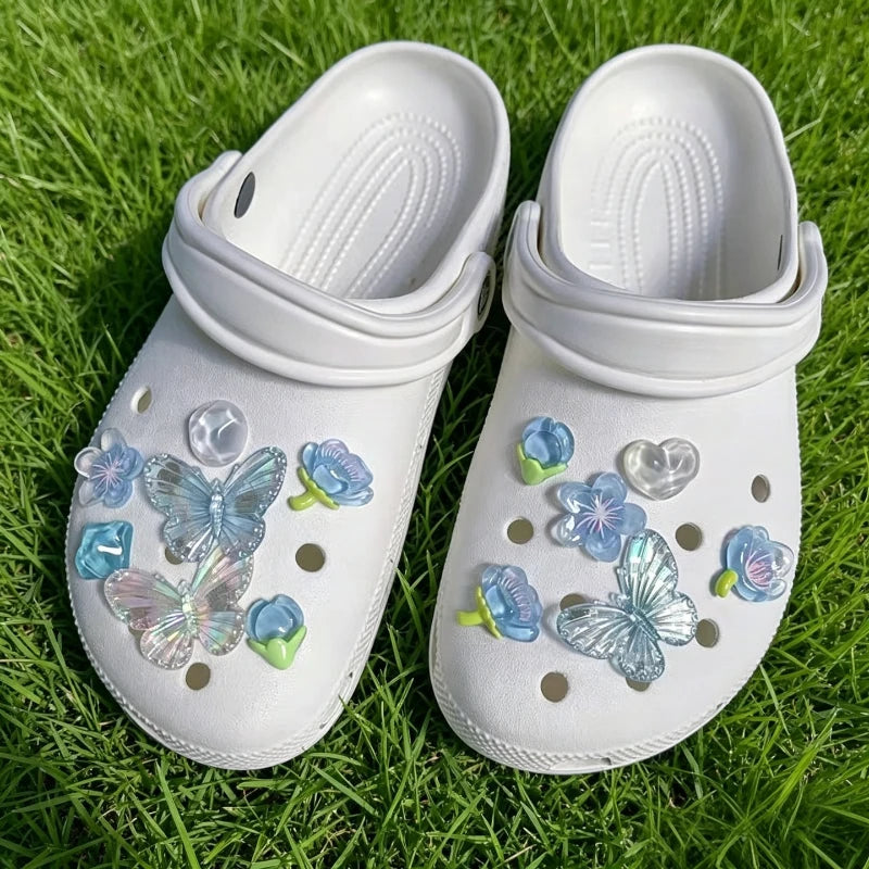 Blue Gradient Butterfly Resin Shoe Charms Iridescent Jelly Ornaments DIY Hole Sandal Decor Cute Summer Gift for Girls Women Kids